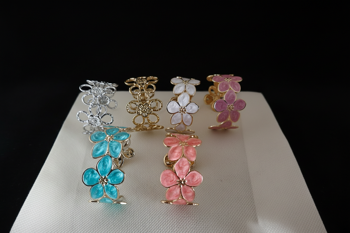 Bracelet acier inoxydable fleurs .rigide ajustable.plusieurs couleurs