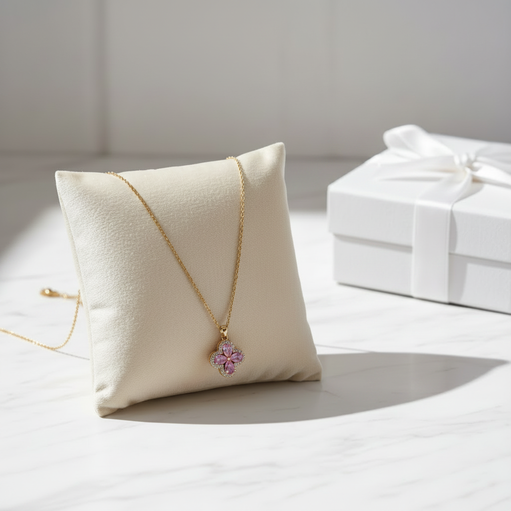 Collier acier inoxydable avec pendentif trèfle rose