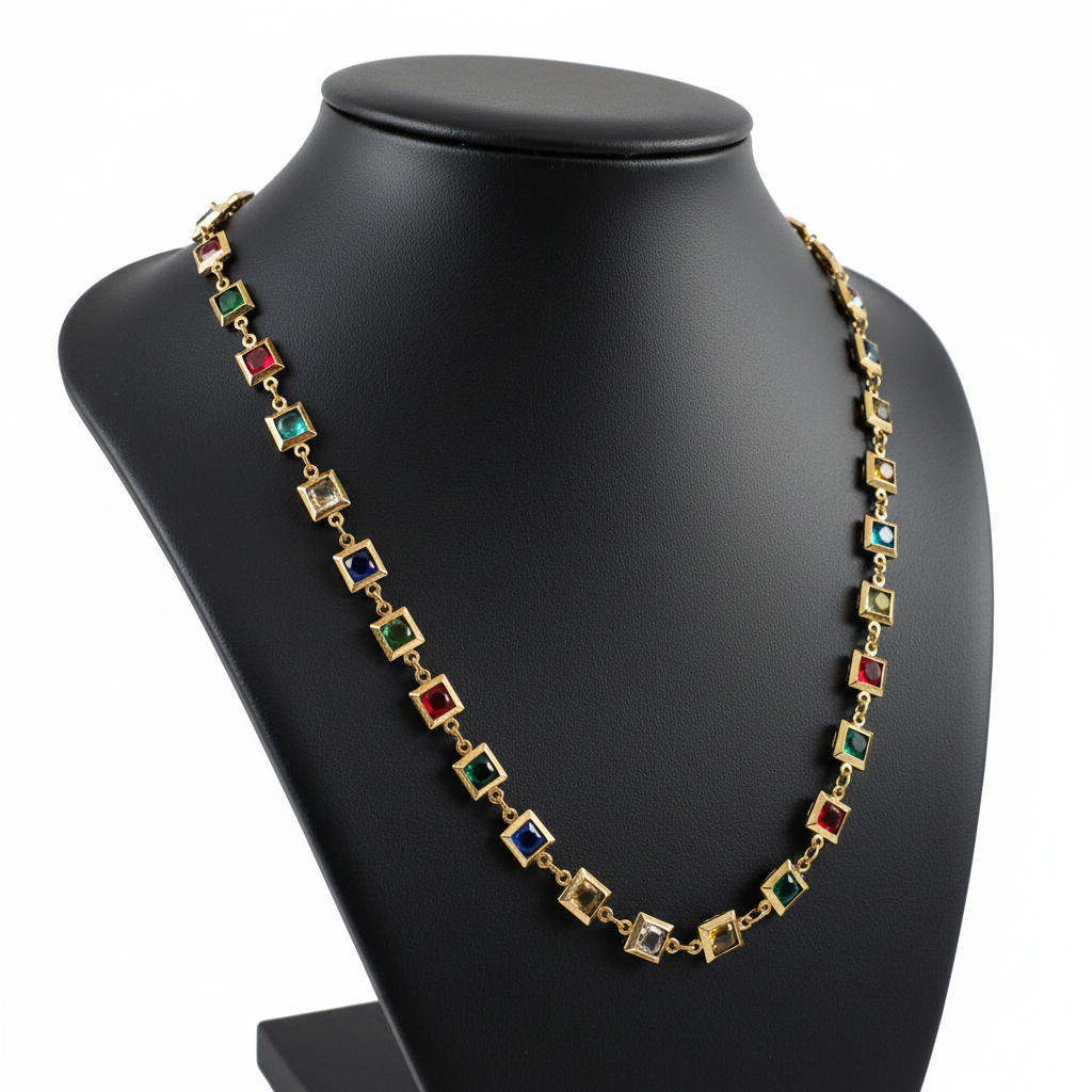 Collier acier inoxydable multicolore pierres crystal. doré ajustable 45 cms de longueur.