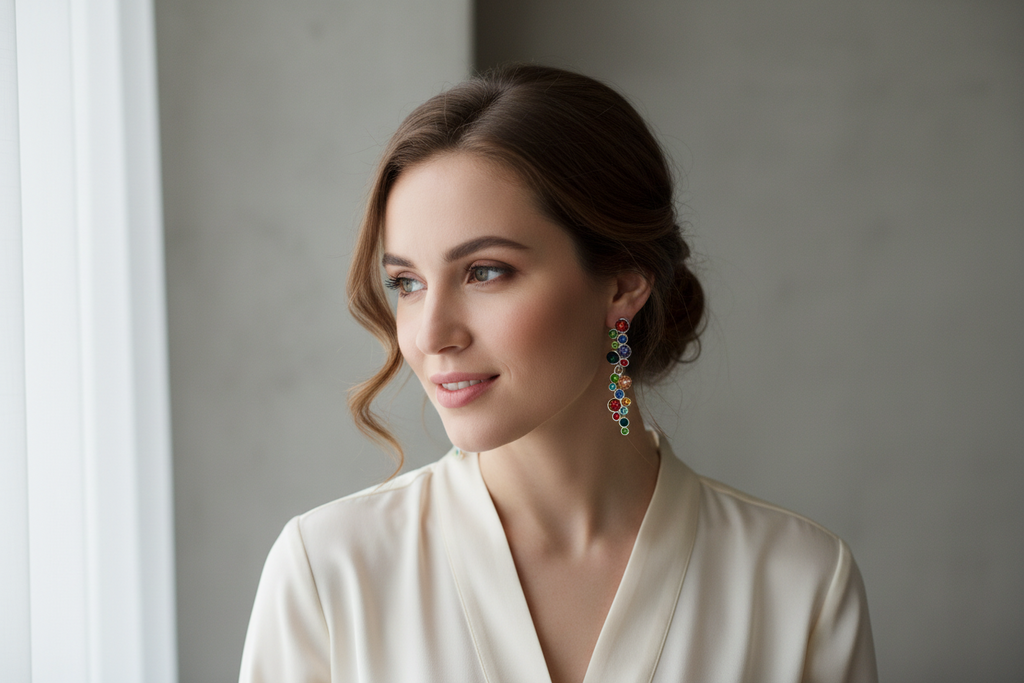 Boucles d'oreilles acier inoxydable et pierres  cristal multicolores pendantes(sans la boite)
