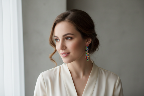 Boucles d'oreilles acier inoxydable et pierres  cristal multicolores pendantes(sans la boite)