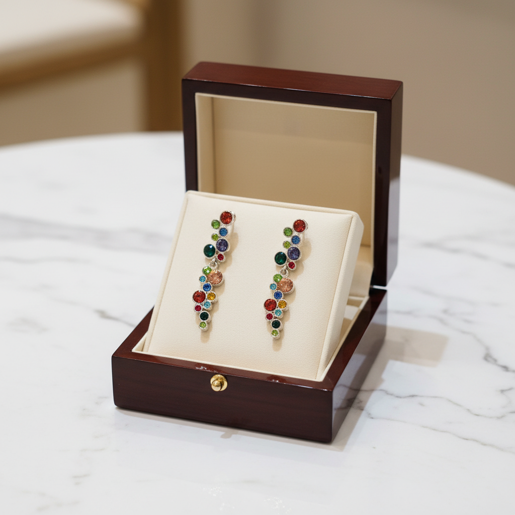 Boucles d'oreilles acier inoxydable et pierres  cristal multicolores pendantes(sans la boite)