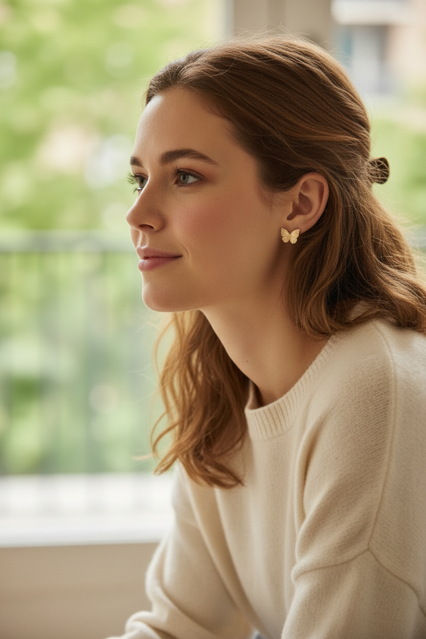 Boucles d'oreilles acier inoxydable motif papillon brillants.
