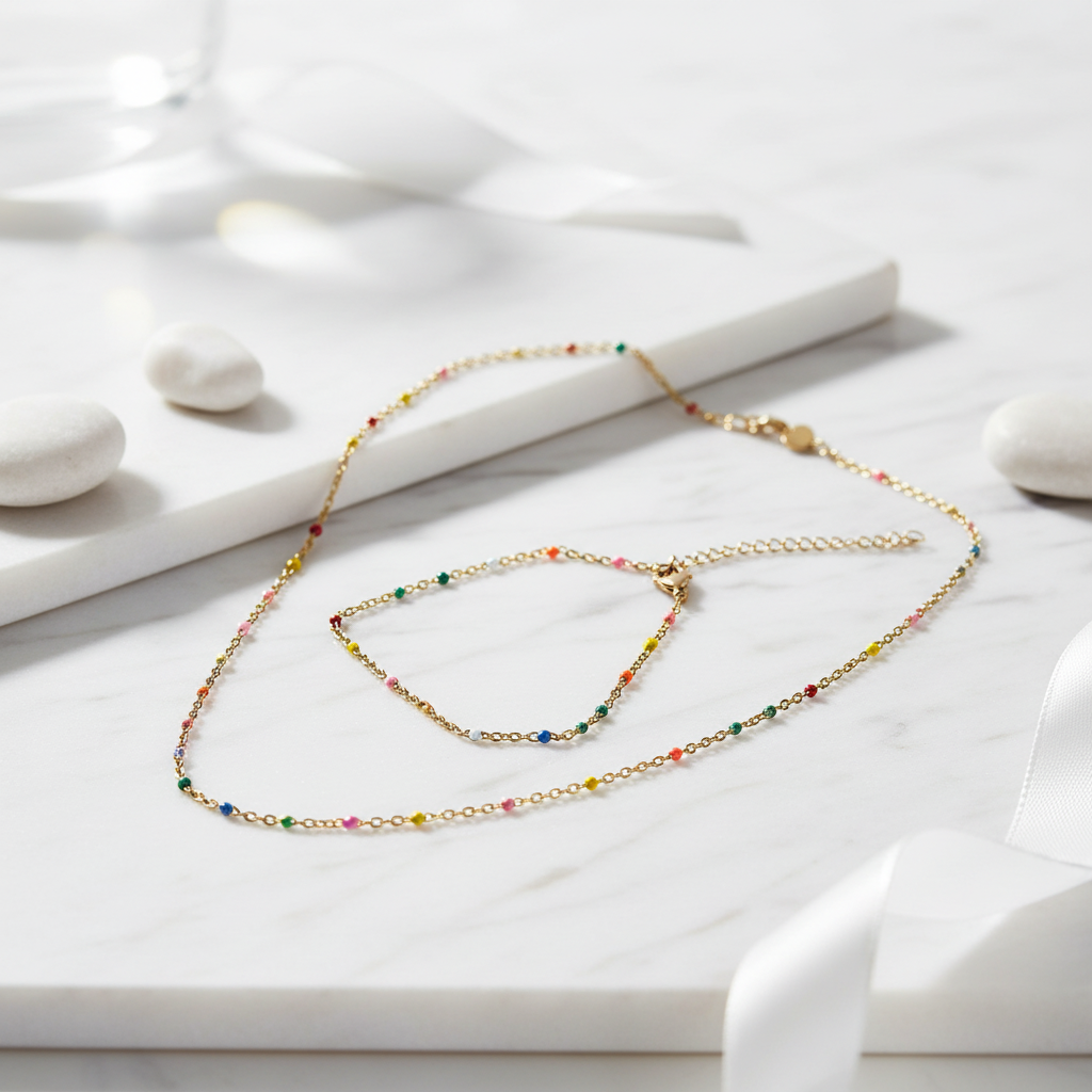Parure bijoux acier inoxydable doré avec avec petites perles multicolores ajustable