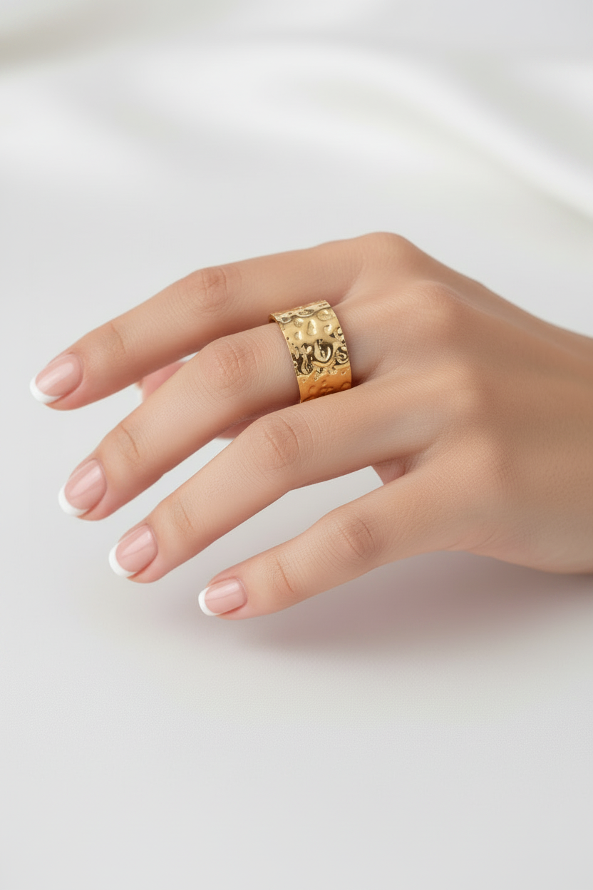 Bague acier inoxydable dorée froissée ajustable