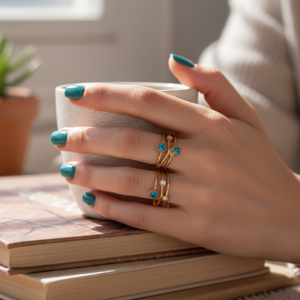 Bague multi rangs acier inoxydable avec oxydes de zirconium teintés bleu et blanc ajustable. Livré sans la boite