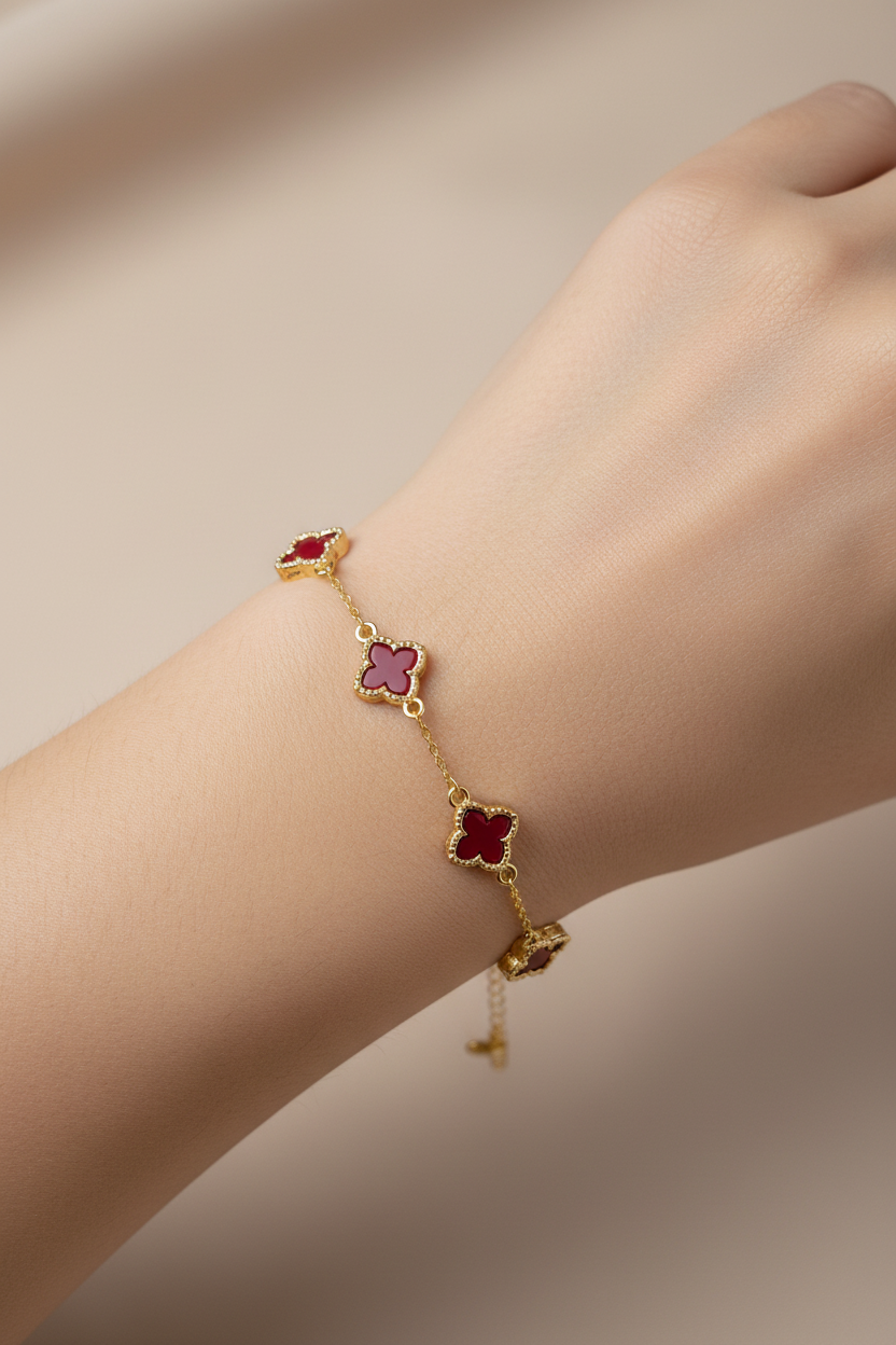 Bracelet trèfle rouge acier inoxydable