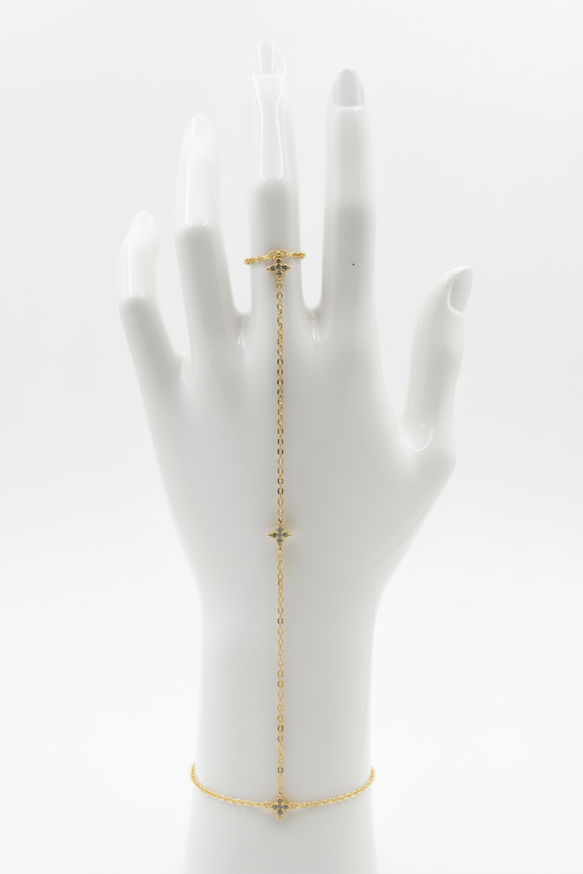 Bracelet -bague acier inoxydable doré avec motifs oxyde de zirconium blanc