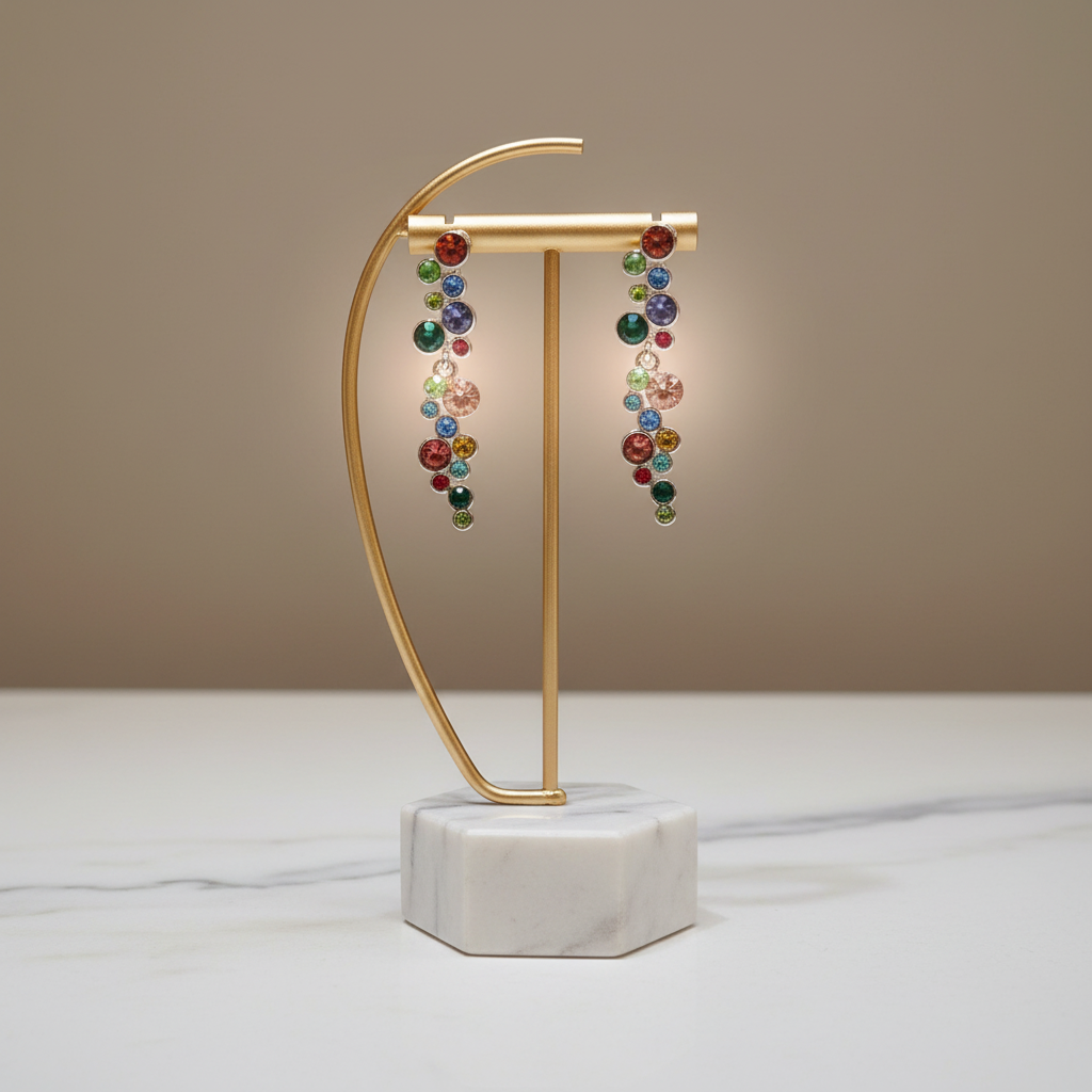 Boucles d'oreilles acier inoxydable et pierres  cristal multicolores pendantes(sans la boite)