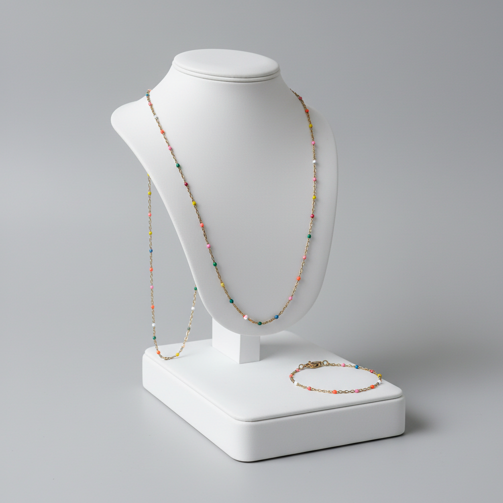 Parure bijoux acier inoxydable doré avec avec petites perles multicolores ajustable