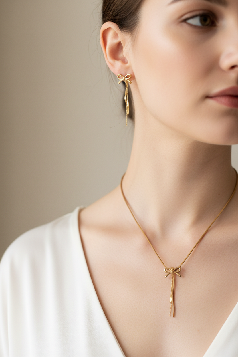 Parure de bijoux acier inoxydable  composé d un joli collier cravate  et boucles d'oreilles avec papillon en motif