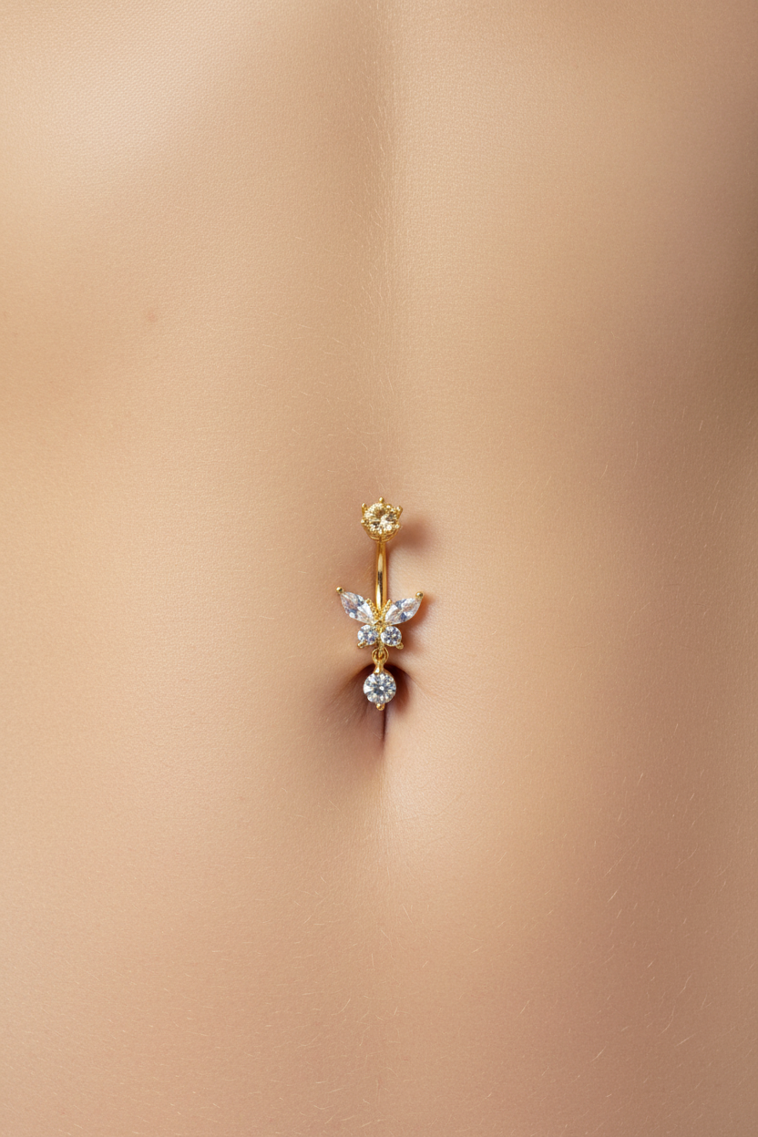 piercing nombril acier inoxydable avec zirconium sur le fermoir motif papillon
