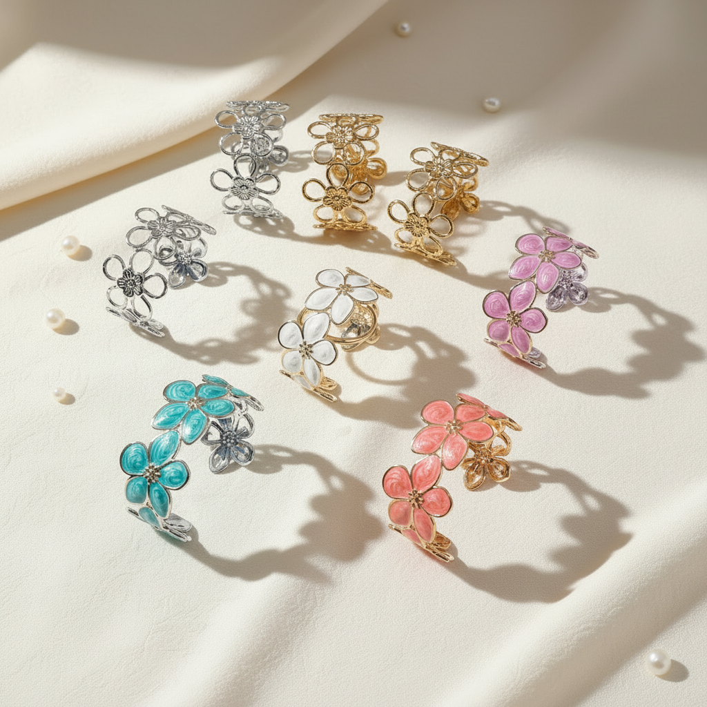 Bracelet acier inoxydable fleurs .rigide ajustable.plusieurs couleurs