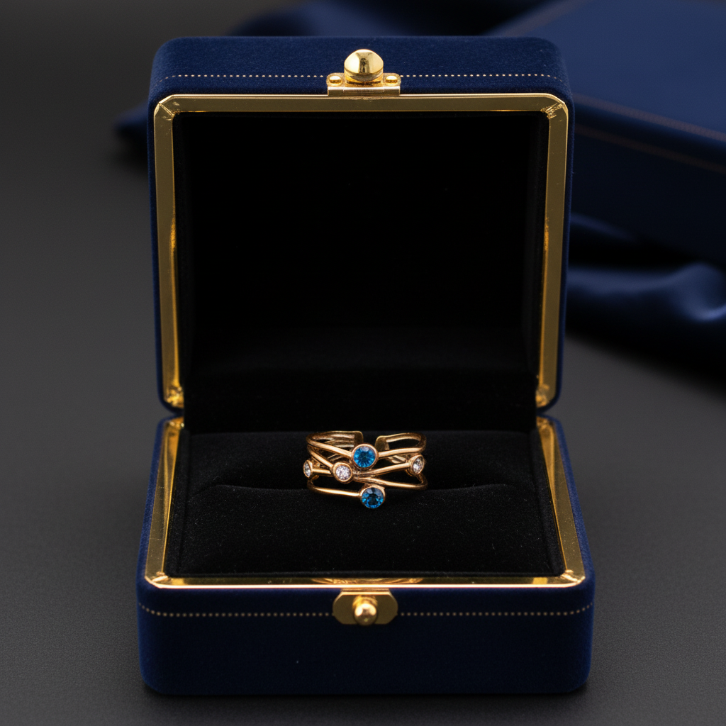 Bague multi rangs acier inoxydable avec oxydes de zirconium teintés bleu et blanc ajustable. Livré sans la boite